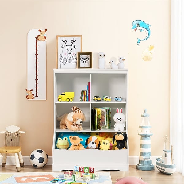 Costway Kids Toy and Book Organizer Children Wooden Storage Cabinet w/ Storage  Bins