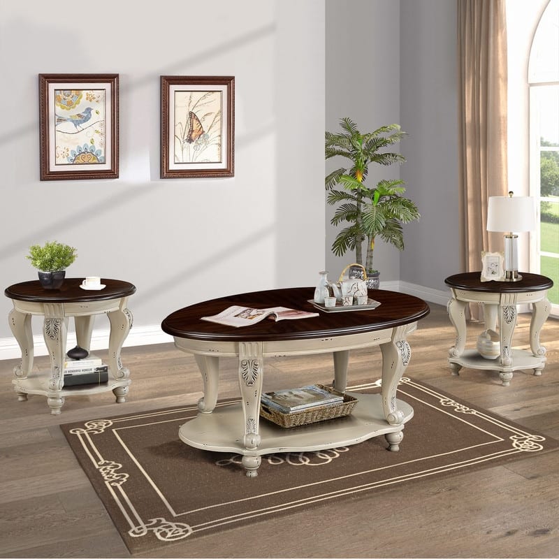 42 Inch Oval Wood Coffee Table with 2-Tier Open Shelf - Antique White