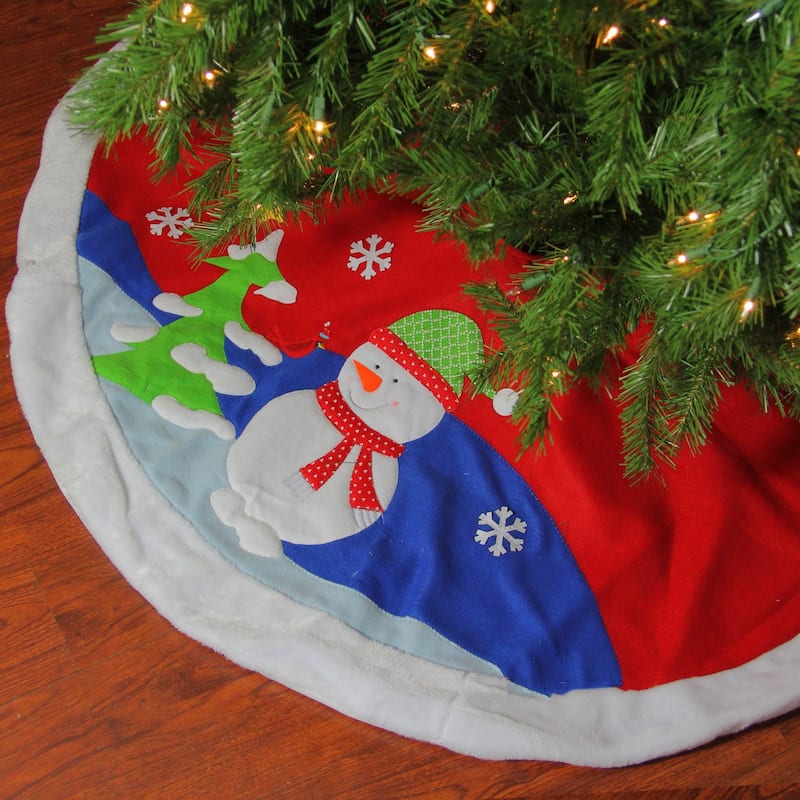 48" Red Fleece Christmas Snowman Winter Tree Skirt with White Faux Fur Trim - 48