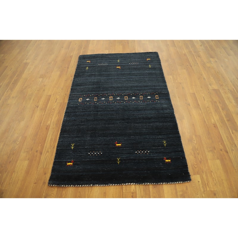 Hand Knotted Oriental 100% Wool Carpet Tribal Animal Pictorial Navy Blue & Blues Gabbeh Area Rug - 4' 10'' X 3' 0''