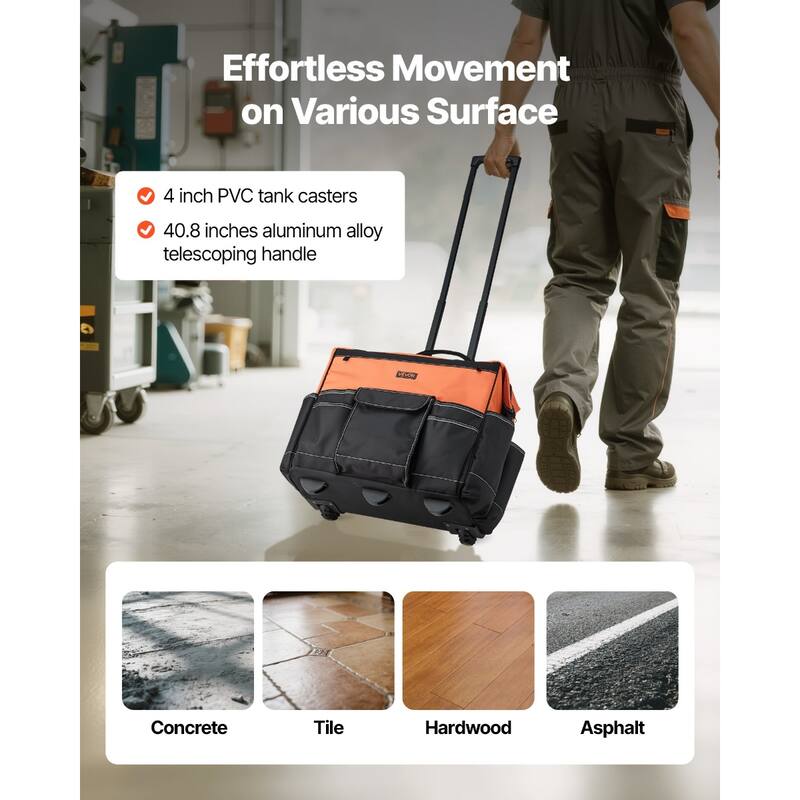 Heavy Duty Rolling Tool Bag 27 Pockets Large Capacity on Wheels - 20 x 12.2 x 17.7 in