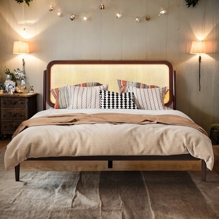Antique Espresso Queen Size Wood Storage Platform Bed with Rattan LED Headboard