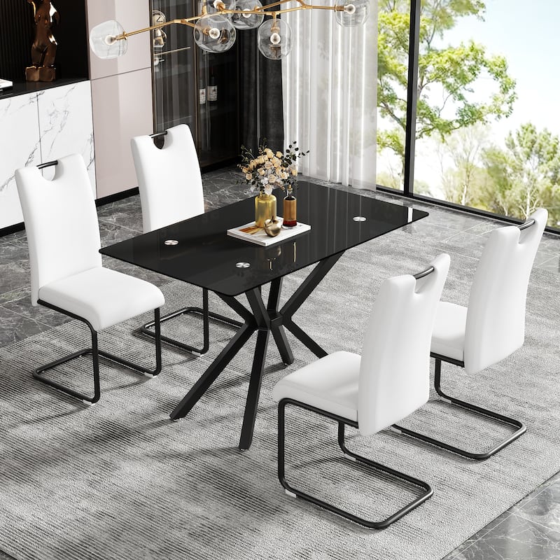 47.24" Rectangular Tempered Glass Dining Table,Stylish Design with Black Metal Legs, Kitchen Table for Dining Room