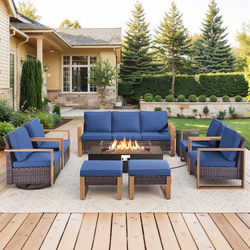 Meyreso Wicker Outdoor Patio Fire Pit Set with Swivel Gliders and 4.5-Inch Olefin Cushions