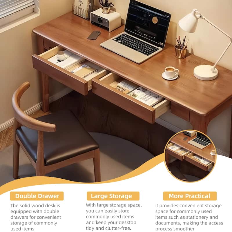Solid Wood Desk with Drawers, Standing Desk with Smooth Edges, Home Office Desk for Small Spaces (47.24"*21.65"*29.53")