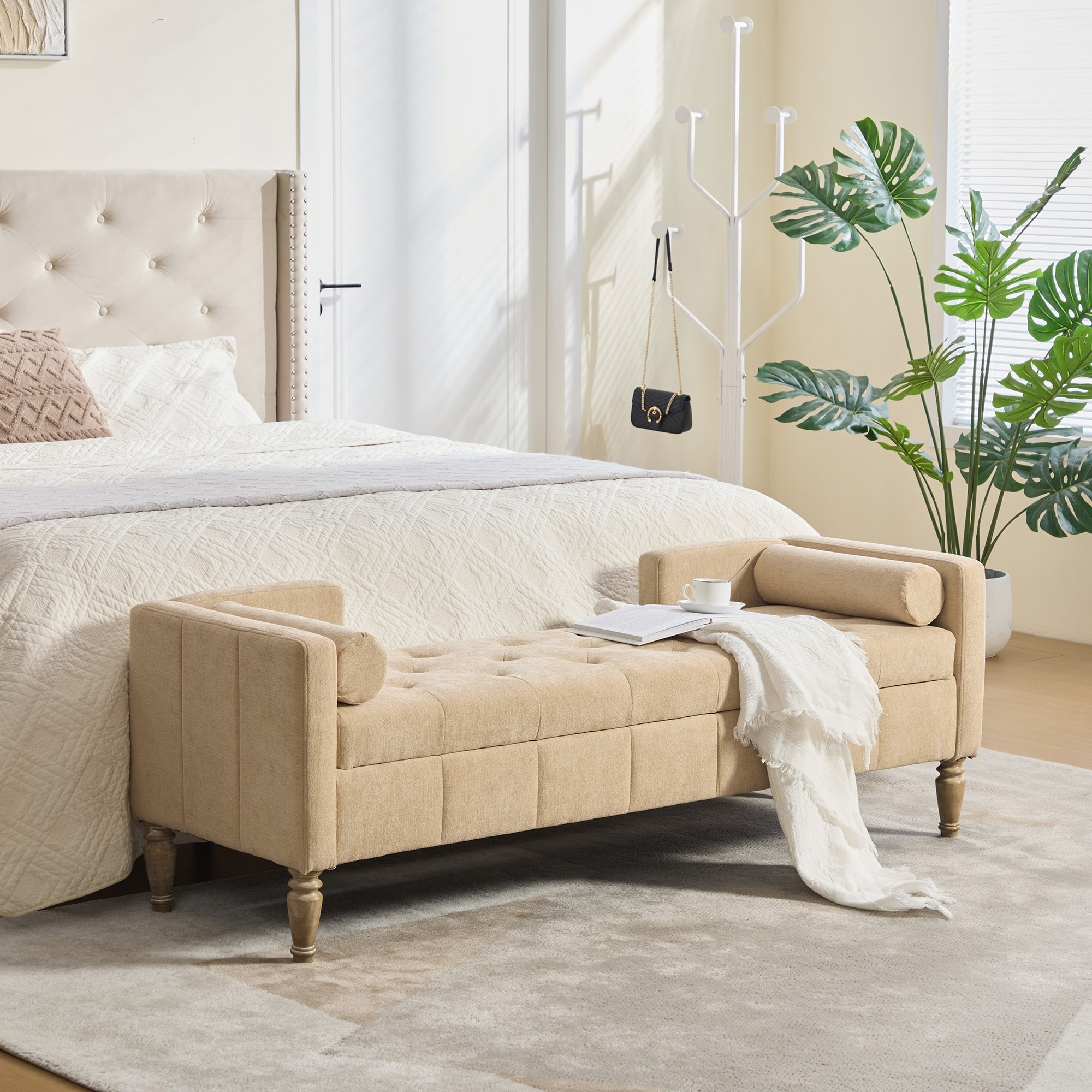 Classic Tufted Beige Entryway Bench with Storage and Bolster Pillows
