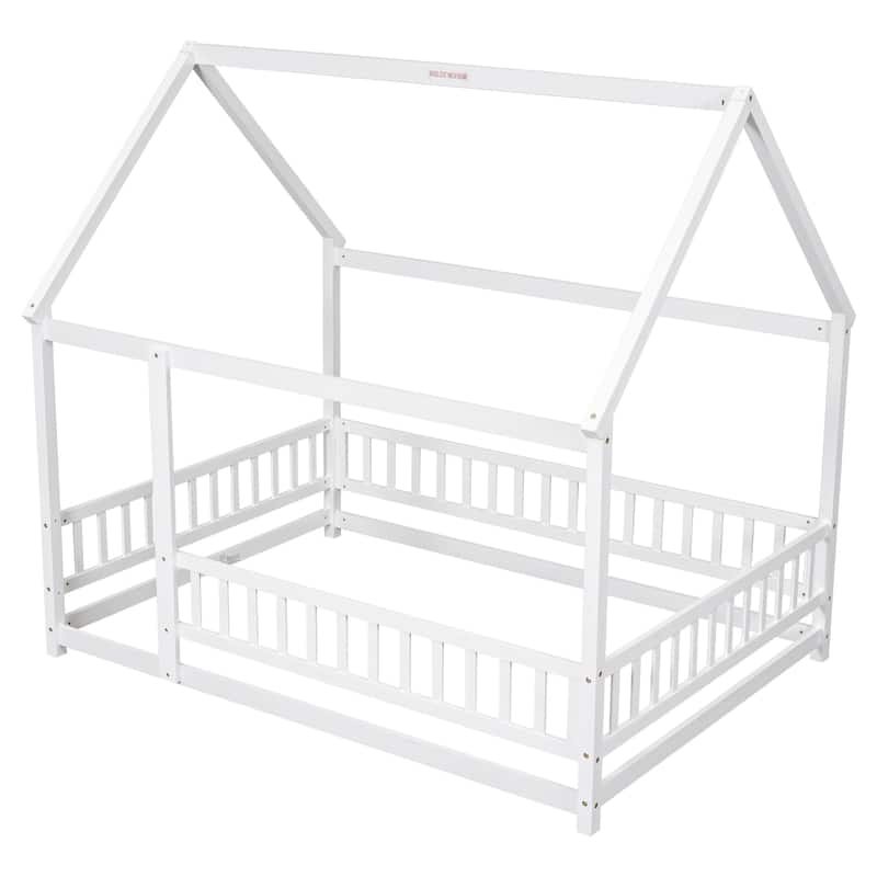 Full/Twin Size Wooden Bed with House Roof Frame and Fence Guardrails