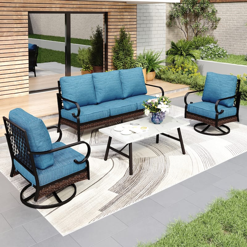 MAISON ARTS 5-Seat Outdoor Patio Furniture Sets, 2 x Cushioned Chairs, 1 x 3-Seat Sofa with Marbling Coffee Table - Set 3(Swivel Chairs) - Peacock Blue
