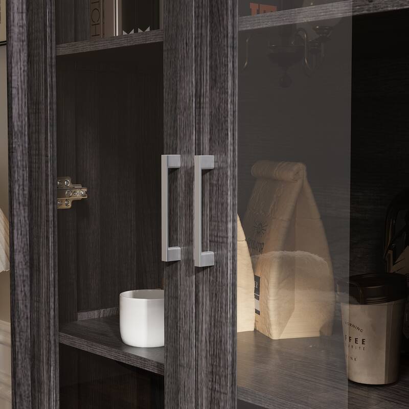 Modular Glass Door Bookcase Wall Unit with Storage Cabinets and Drawers, Dark Oak Display Hutch for Living Room or Home Office