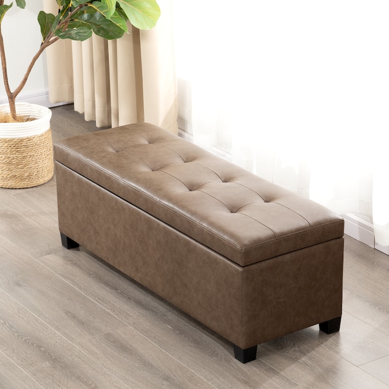 Adeco 42" Faux Leather Storage Ottoman Bench for Bedroom & Entryway - 42.1"X14.7"X15.4" - Brown