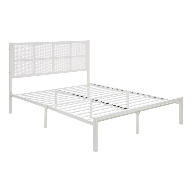 White Metal Platform Bed with Faux Cane Headboard, Eastern King Size, No Box Spring Needed