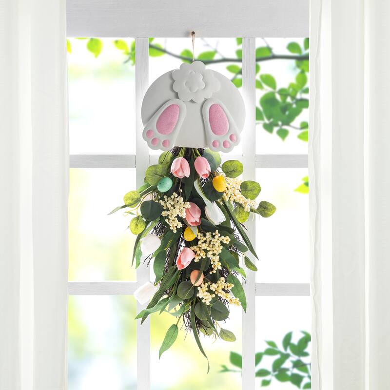 Glitzhome Easter Bunny Door Hanger with Eggs Tulip Teardrop Carrot Spring Wall Decor