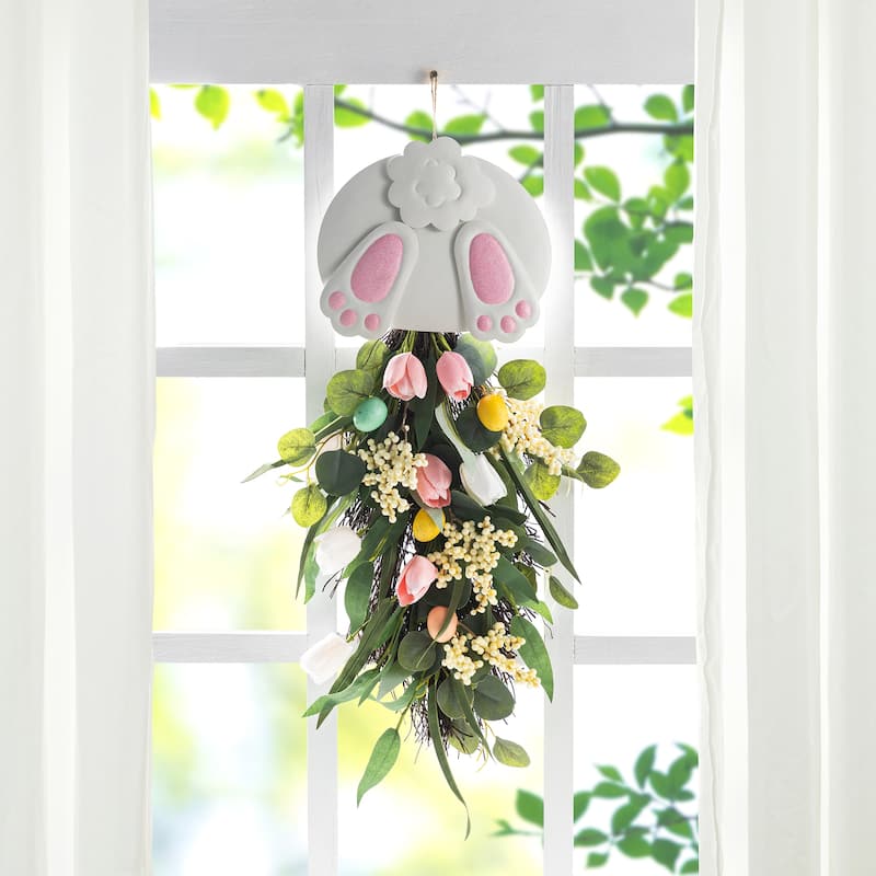 Glitzhome Easter Bunny Door Hanger with Eggs Tulip Teardrop Carrot Spring Wall Decor - Bunny and Tulip Teardrop