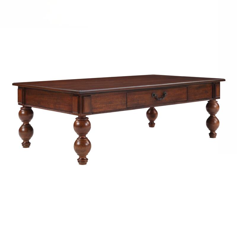 Rectangular Wooden Coffee Table with Storage Drawer, Vintage Cocktail Table with Solid Wood Gourd-Shaped Legs for Living Room