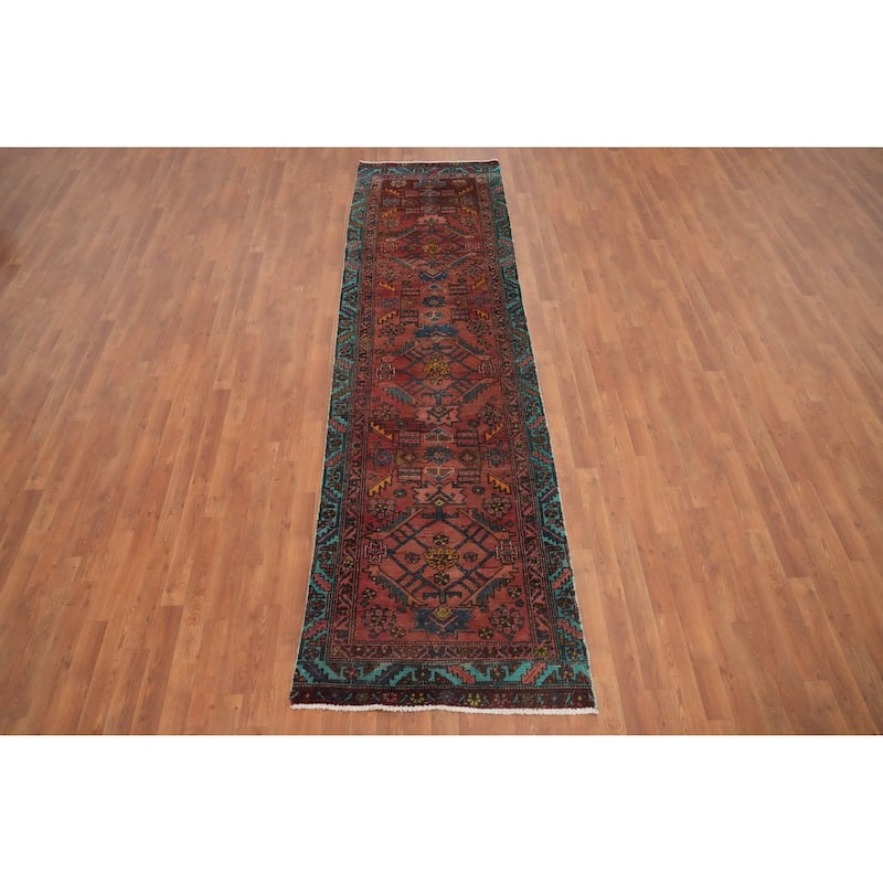 Hand Knotted Oriental 100% Wool Carpet Traditional Geometric Oranges & Rust Heriz Runner Rug - 10' 7'' X 2' 11''