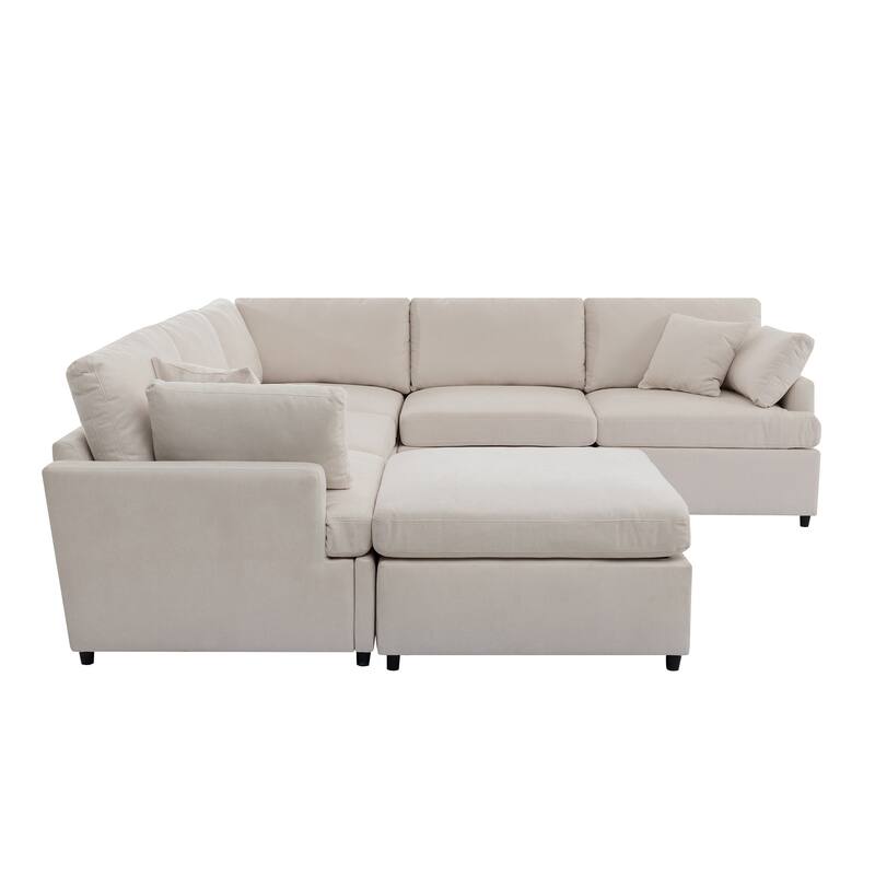 Upholstered Sectional Sofa Recliner Sofa with Removable Ottoman, U-Shape 6 Seat Sectional Couch with 4 Throw Pillow