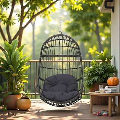 Rattan Hanging Chair with 8ft Chain and Water-Resistant Cushion