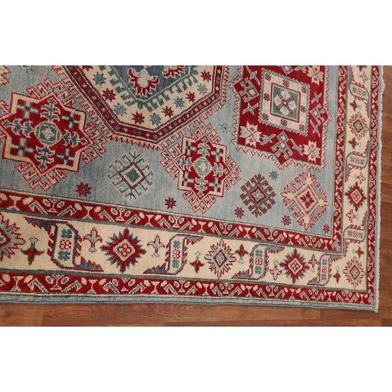 Light Blue Geometric Kazak Area Bedroom Rug Hand-Knotted Wool Carpet - 5'0" x 7'3"