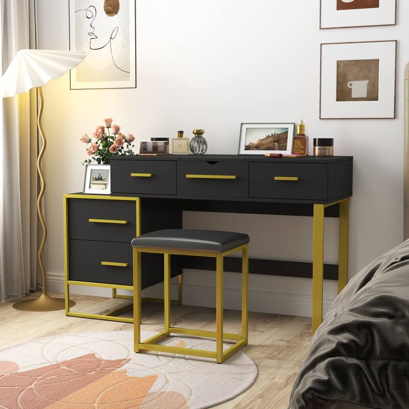 Vanity Desk with Flip Top Mirror, Large Wooden Dresser Table, Makeup Vanity Set with 4 Storage Drawers and Cushioned Stool