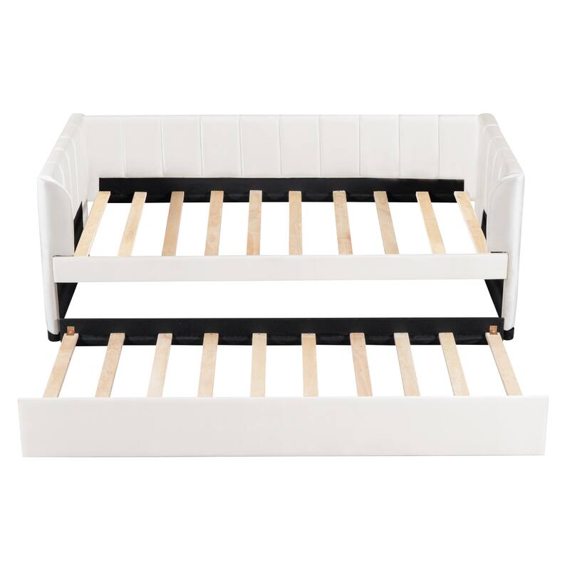 Elegant Twin Upholstered Daybed with Trundle and Ergonomic Backrest, Ideal for Bedrooms and Living Rooms