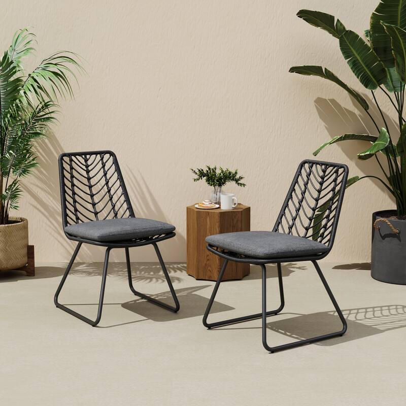 Roomfitters Deja Set of 2 Outdoor Wicker Dining Chairs with Water-Resistant Cushions, Transitional Rattan and Iron Frame, Gray - Gray