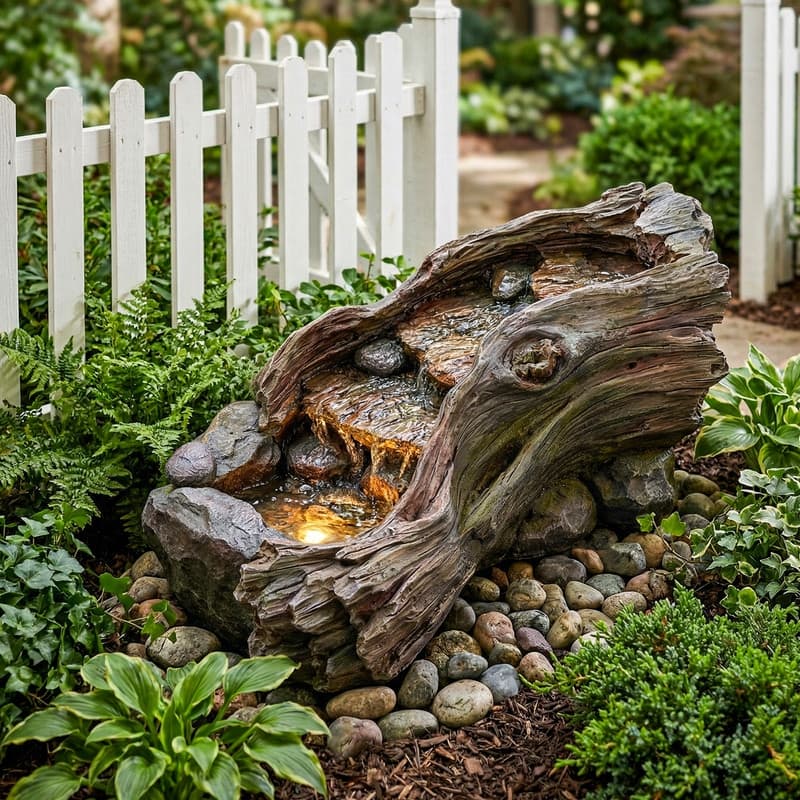 Driftwood and Rock Style Tiered Water Fountain with LED Lights Outdoor Garden Decor