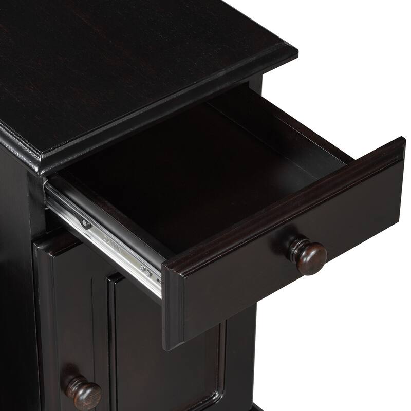 Vintage End Table Flip Top Side Table with USB Ports, One Multifunctional Drawer with cup holders, Sofa Couch Table w/ Bookshelf