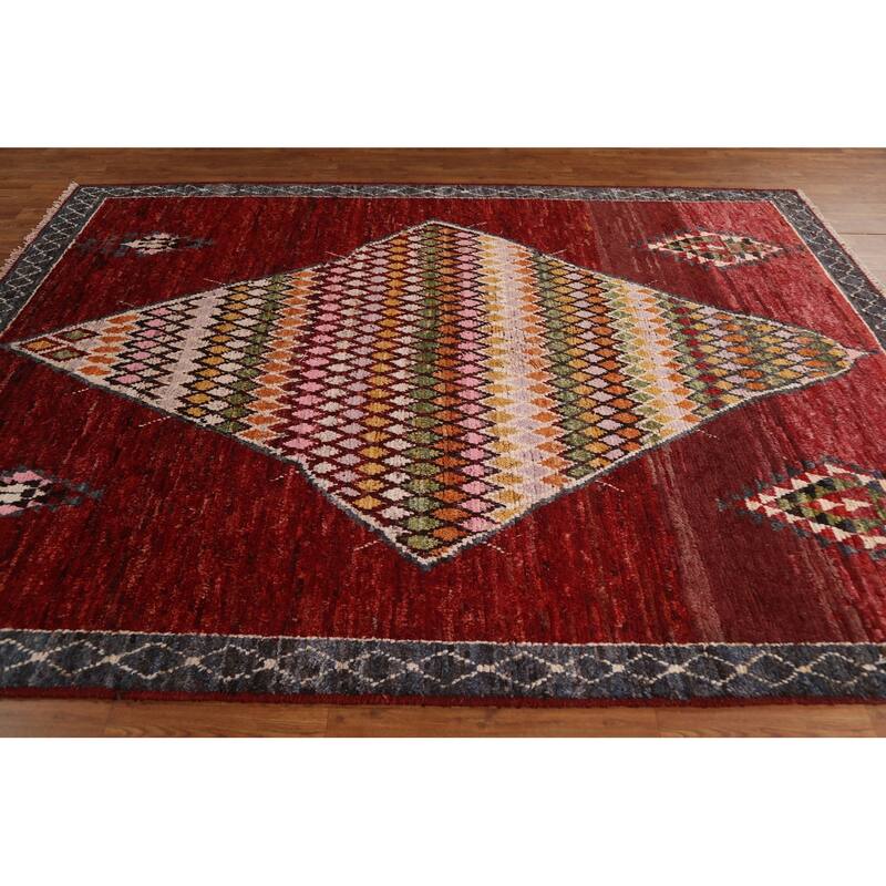 Hand Knotted Oriental 100% Wool Carpet Modern Tribal Red Moroccan Area Rug - 9' 8'' X 6' 11''