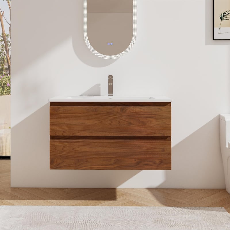 Bathroom Vanity With Sink In 24/30/36 Inch, Floating Bathroom Vanity With Soft Close Drawer - Brown Oak - 35.9''W×18.3''D×20.5''H