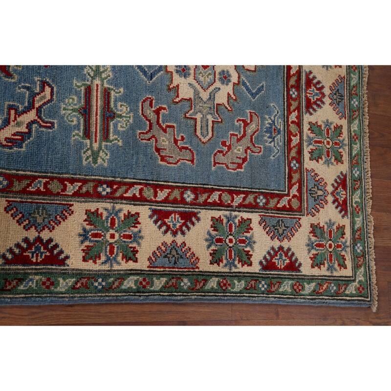 Blue Geometric Kazak Oriental Accent Rug Handmade Wool Carpet - 4'0" x 5'10"