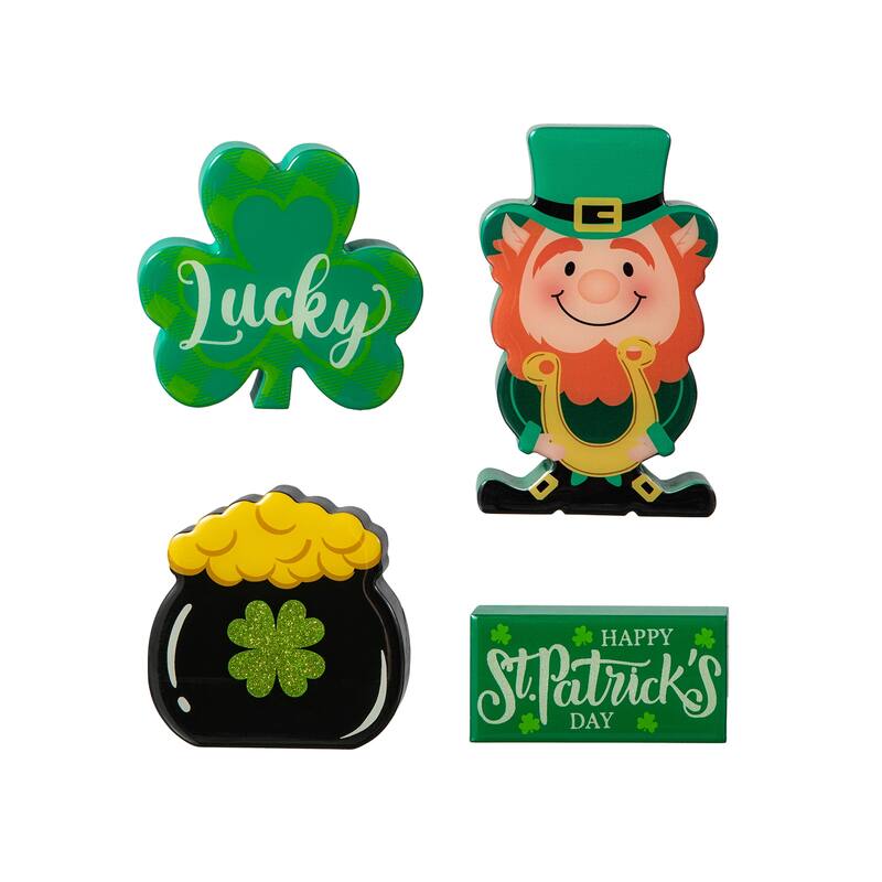 Glitzhome St Patrick's Epoxy Wooden Shamrock Leprechaun Pot of Gold Coffee Cup Table Decor