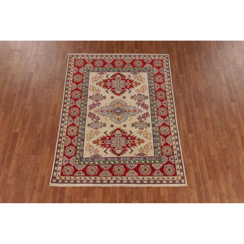 Traditional Beige Kazak Oriental Area Rug Handmade Wool Carpet - 5'2" x 6'10"