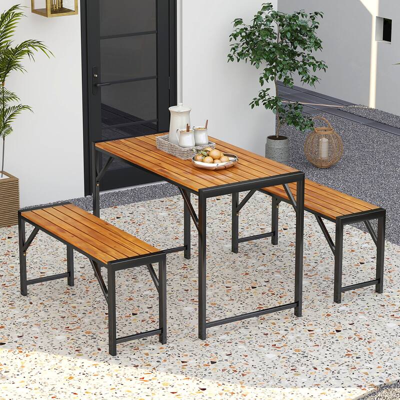 Gymax 3 PCS Dining Set for 4 People Outdoor Picnic Table & 2 Benches