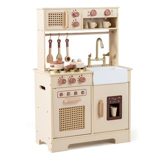 Costway Kids Play Kitchen, Wooden Pretend Kitchen Playset with Rattan - See Details