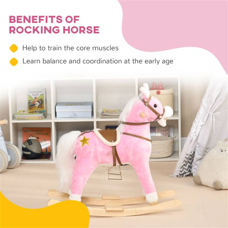Brown Kids Rocking Horse with Saddle and Footrests Battery Operated Hooves and Neighs - 30.75" L x 11" W x 26.75" H