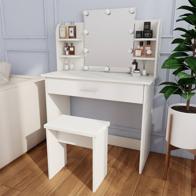 Modern Wood Vanity Table with Mirror,Drwer and Seat