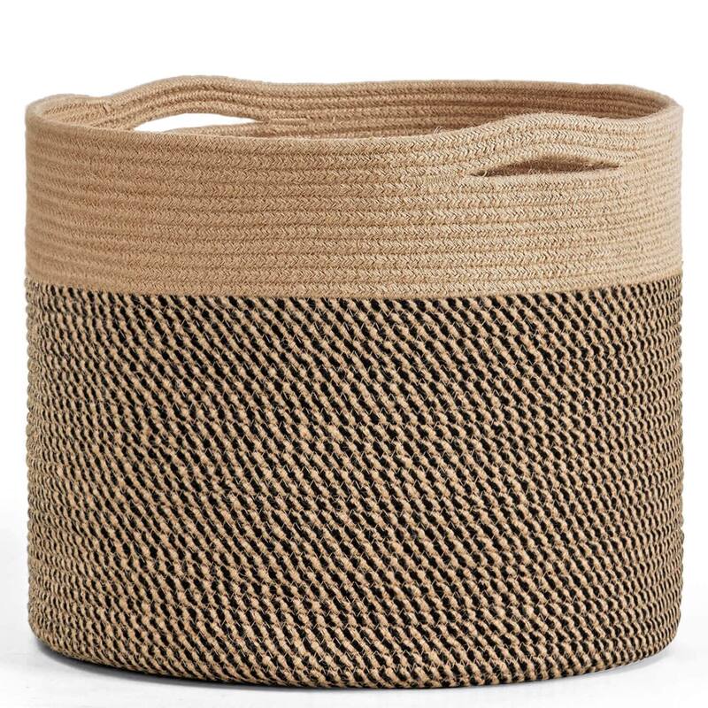 Large Cotton Rope Basket, Blanket Basket Living Room 15.8"x15.8"x13.8" Baby Toy Storage - 15.8"L x 15.8"W x 13.8"H - Black & Jute