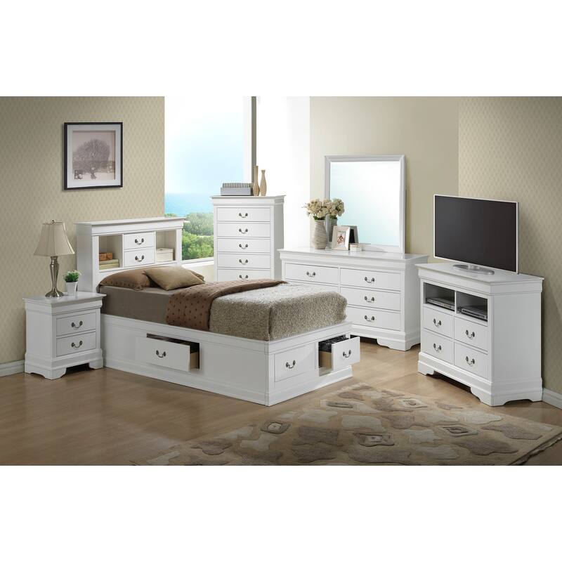 Art Nouveau White Twin Storage Bed - 6 Drawer Platform Bed with Headboard & Side Rail Storage