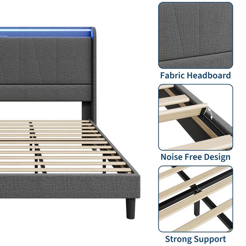 Twin Size Bed Frame with Charging Station and LED Lights, Modern Platform Bed with Slats