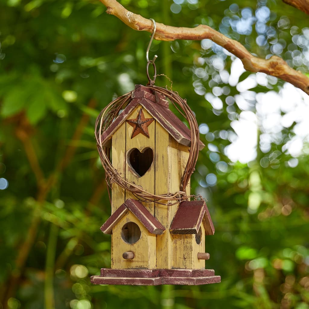 Glitzhome 11.5"H Solid Wood Cottage Outdoor Birdhouse with Rattan - 5.50''L X 11.50''W X 0.80''H