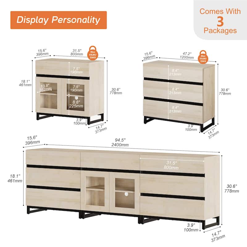 Modern TV Stand for Tvs Up to 100 Inch, 3 In 1 TV Console with Glass Doors and 7 Drawers for Living Room, Bedroom