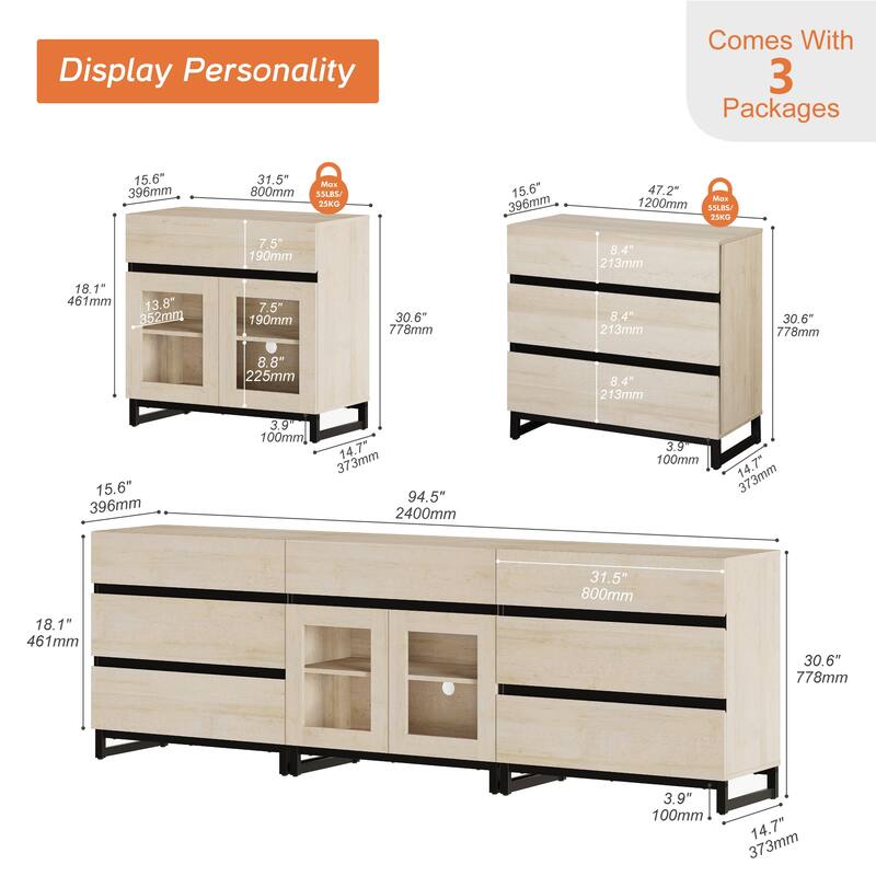 WAMPAT 3 in 1 Sideboard Buffet Cabinets with Glass Doors and 7 Drawers, Coffee Bar Cabinet Storage Cabinet for Kitchen