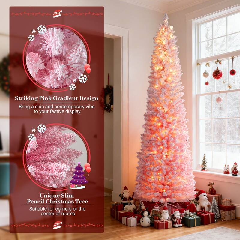 Gymax Pre-Lit Christmas Tree Slim Pencil Xmas Tree w/ Snow Flocked PVC