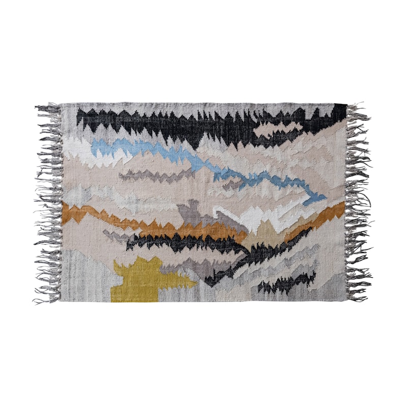 Woven Wool and Cotton Blend Rug with Abstract Design and Fringe - 72.0"L x 48.0"W x 0.3"H - 72.0"L x 48.0"W x 0.3"H - Multi