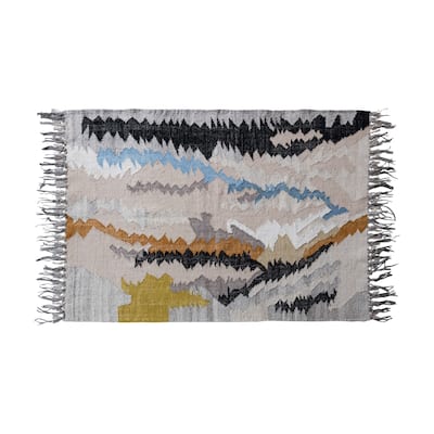 Woven Wool and Cotton Blend Rug with Abstract Design and Fringe - 72.0"L x 48.0"W x 0.3"H - 72.0"L x 48.0"W x 0.3"H