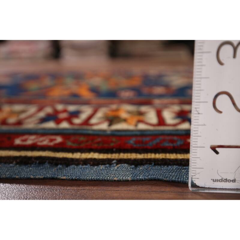 Navy Blue Geometric Kazak Vegetable Dye Wool Carpet - 3'5" x 5'2"