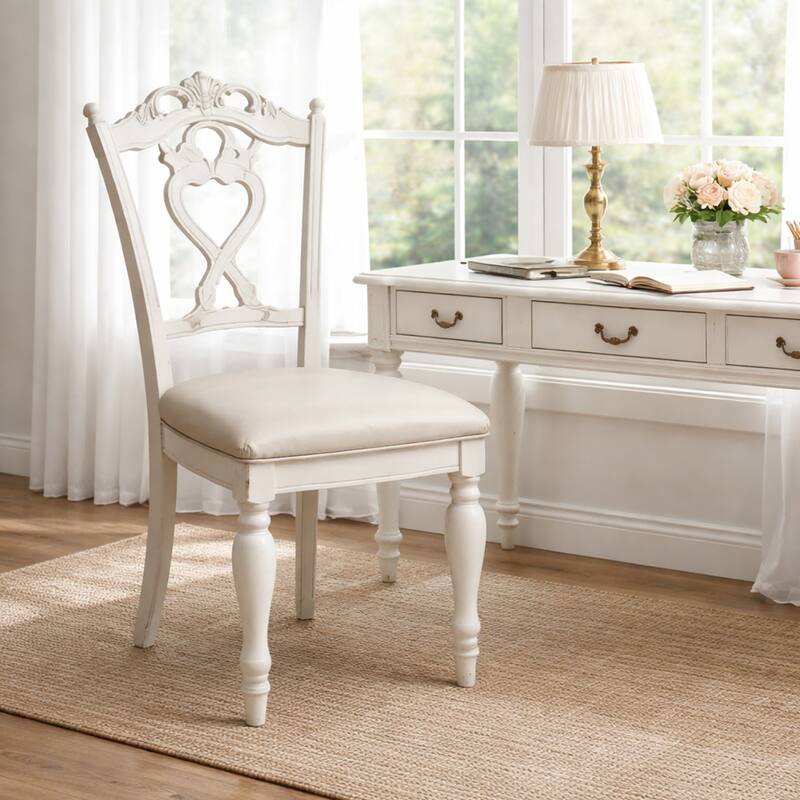 Victorian Style Writing Desk Chair with Engraved Backrest, Antique White