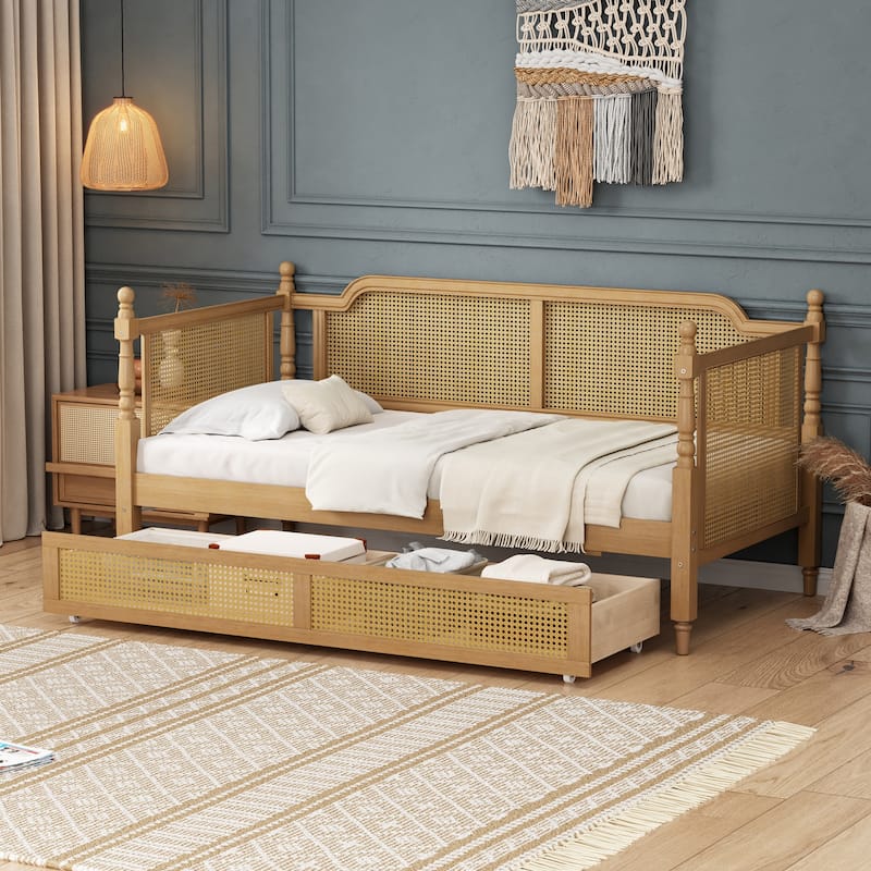 Traditional Rattan Daybed with Storage Drawers or Trundle - Antique Walnut-Daybed and Drawers - Twin