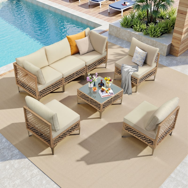 7-Piece Wicker Patio Conversation Set with Cushions,6 Sofas, 1 Table