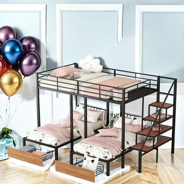 slide 2 of 16, Full Over Twin-Twin Triple Bunk Bed with Drawers and Staircase Black